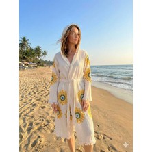 Tekstilize Güneş Desenli Müslin Bornoz Yumuşak, Hafif ve Nefes Alan Dokuma (%100 Pamuklu)