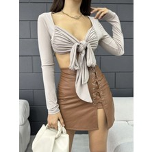 Qutta Kadın Sandy Kumaş Bağlamalı Crop Bluz