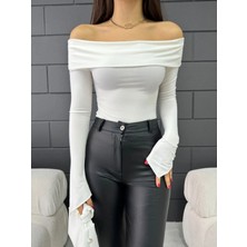 Qutta Kadın Asimetrik Kesim Asimetrik Kol Sandy Kumaş Madonna Yaka Bluz