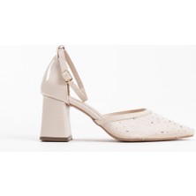 Modaserdem Borie Bej Tekstil Kumaş Taşlı Kadın Topuklu Ayakkabı