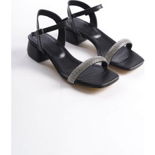 Modaserdem Laura Kalın Topuklu Taşlı Kadın Siyah Sandalet