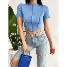 Qutta Kadın Ters Dikiş Kısa Kolu Fermuarlı Kadın Fitilli Crop Body