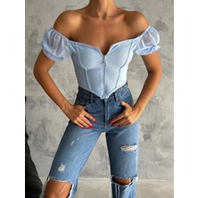 Qutta Kadın Kolu Şifonlu Fermuarlı Kısa Kol Kadın Crop Bluz