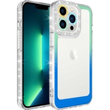 Oyo Store iPhone 12 Pro Max Uyumlu Simli ve Renk Geçiş Tasarımlı Lens Korumalı Oyo Park Kapak-Yeşil-Mavi