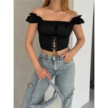 Qutta Kadın Korse Görünümlü Kuşgözlü Crop Bluz
