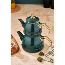 Bondy Emaye Özel Tasarım Yapışmaz Yüzey Büyük Boy Demlik Seti Emaye Çaydanlık | Üst 1.4 L – Alt 2.6 L