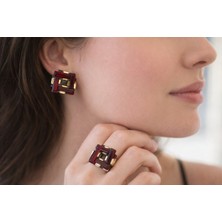 Hit Dükkan Özel Tasarım Geometrik Kırmızı Kristal Taşlı Gümüş Bronz Küpe ve Yüzük Takı Seti MOD116