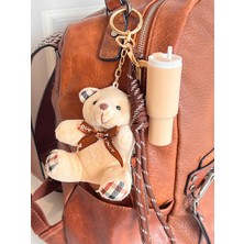 Rossev Charm Ekoseli Peluş Ayıcık Figürlü Anahtarlık - Çanta Charm (Krem Termos Model)