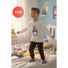 Dofi Erkek Çocuk 1738 Kışlık Ekose Pijama Takımı – Penguen Baskılı, Bisiklet Yaka, Manşetli Paça