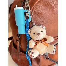 Rossev Charm Ekoseli Peluş Ayıcık Figürlü Anahtarlık - Çanta Charm (Mavi Termos Model)