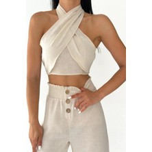 Qutta Kadın Boyundan Bağlamalı Keten Crop Bluz