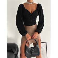 Qutta Kadın Uzun Balon Kol Ön Çapraz Büzgülü Sandy Kumaş Crop Bluz