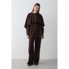 Jaste Kadın Pelerin Detaylı Bağcıklı Tunik & Beli Lastikli Pantolon Alt&Üst Takım ACI KAHVERENGİ