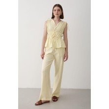 Jaste Kadın Omuz Bel Büzgülü Bluz & Beli Lastikli Pantolon Keten Takım SARI