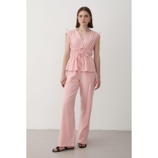 Jaste Kadın Omuz Bel Büzgülü Bluz & Beli Lastikli Pantolon Keten Takım PEMBE