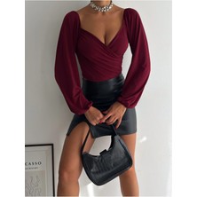 Qutta Kadın Uzun Balon Kol Ön Çapraz Büzgülü Sandy Kumaş Crop Bluz