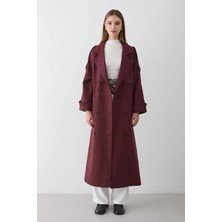 Jaste Kadın Kruvaze Yaka Kuşaklı Uzun Trençkot BORDO