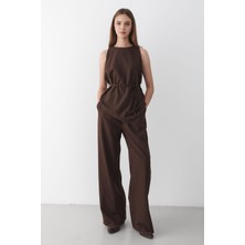 Jaste Kadın Bisiklet Yaka Kuşak Detaylı Bluz& Beli Lastikli Pantolon Alt&Üst Takım KAHVERENGİ