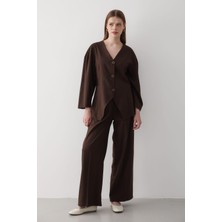 Jaste Kadın V Yaka Düğmeli Ceket & Beli Lastikli Pantolon Alt & Üst Takım ACI KAHVERENGİ