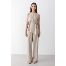 Jaste Kadın Bisiklet Yaka Kuşak Detaylı Bluz& Beli Lastikli Pantolon Alt&Üst Takım BEJ