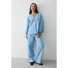 Jaste Kadın Düğmeli V Yaka Kimono & Beli Lastikli Pantolon Keten Alt & Üst Takım MAVİ