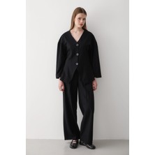 Jaste Kadın V Yaka Düğmeli Ceket & Beli Lastikli Pantolon Alt & Üst Takım SİYAH