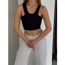 Qutta Kadın V Yaka Kalın Askılı Sıfır Kol Crop Bluz