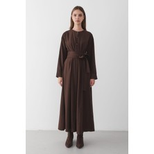 Jaste Kadın Belden Bağlamalı Düğmeli Maxi Elbise KAHVERENGİ