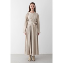 Jaste Kadın Belden Bağlamalı Düğmeli Maxi Elbise BEJ