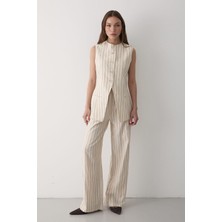 Jaste Kadın Bej Hakim Yaka Çizgili Yelek & Pantolon Cepli Takım BEJ