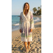 Tekstilize Lavanta Desenli Müslin Bornoz Yumuşak, Hafif ve Nefes Alan Dokuma (%100 Pamuklu)