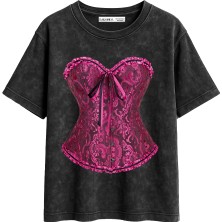Cinema Moda Sassy Corset Baskılı Relaxed Fit Yıkamalı Siyah Kadın Tshirt