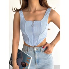 Qutta Kadın Kare Yaka Fermuarlı Biyeli Ottoman Kumaş Kadın Crop Bluz