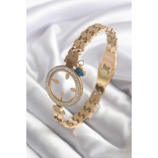 Mustran Clariss 316L Çelik Gold Renk Arpa Model Zirkon Taş Detay Çeyrek Altın Takılabilir Kadın Kelepçe