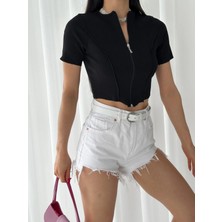 Qutta Kadın Ters Dikiş Kısa Kolu Fermuarlı Kadın Fitilli Crop Body