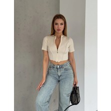 Qutta Kadın Ters Dikiş Kısa Kolu Fermuarlı Kadın Fitilli Crop Body