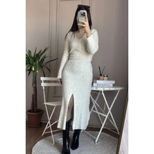 Tuğçe Fashion Önden Yırtmaçlı Düğme Detaylı Ekru Triko Elbise