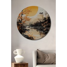 Teona Ahşap Büyük Gün Batımı ve Dere Manzarası Sulu Boya Görünümlü Dekoratif Ahşap Tablo Yuvarlak Duvar Tablosu