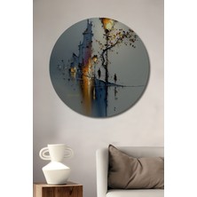 Teona Ahşap Yağlı Boya Görünümlü Sokak Lambası ve Soyut Şehir Manzarası Ahşap Dekoratif Tablo Yuvarlak Duvar Tablosu