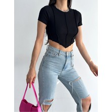 Qutta Kadın Kısa Kollu Ters Dikişli Kadın Fitilli Crop Bluz