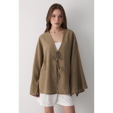 Jaste Kadın Yarasa Kol Çift Bağlamalı Kimono %100 Pamuk KOYU HAKİ