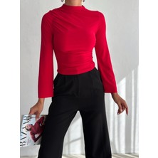 Qutta Kadın Dik Yaka Ispanyol Kol Omuz ve Yan Büzgülü Uzun Kol Bluz