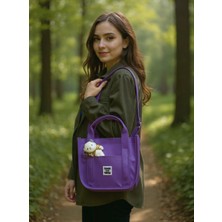 Mefehe Lila Buzi Kumaş Ayıcıklı Kolon Askılı Çapraz El ve Omuz Çantası