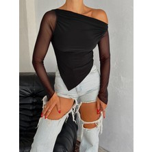 Qutta Kadın Tül Kol Kayık Yaka Asimetrik Sandy Kumaş Uzun Kol Bluz