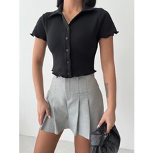 Qutta Kadın Polo Yaka Düğmeli Kaşkorse Crop Bluz