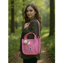 Mefehe Pembe Buzi Kumaş Ayıcıklı Kolon Askılı Çapraz El ve Omuz Çantası