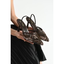 Dabab Shoes Perıe Kahverengi Kadın 7 cm Ince Topuklu Sivri Burunlu Boncuklu Incili Bantlı Abiye Gelin Nişan Düğün Ayakkabı