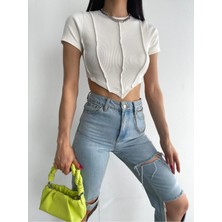 Qutta Kadın Kısa Kollu Ters Dikişli Kadın Fitilli Crop Bluz