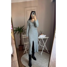 Tuğçe Fashion Önden Yırtmaçlı Düğme Detaylı Gri Triko Elbise