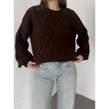 Asfa Moda Kadın Kahverengi Saç Örgü Triko Kazak Bisiklet Yaka Kışlık